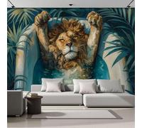 Papel Pintado Panorámico León Levantando Su Pata En La Bañera 200x140cm De Seda, Fotomurales Pared Decorativos Pintura Al Óleo Vintage De Animales, Murales De Paredes Salón Dormitorio Habitació