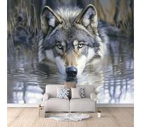 Papel Pintado Panorámico Lobo 350 × 256 cm Papel Pintado Tejido No Tejido Grandes Murales Póster para Sala, Adulto Habitación de niños, Estudio Lobo, Animal De La Selva Y El Río