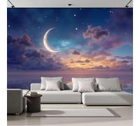 Papel Pintado Panorámico Luna Cielo Estrellado Lago 350x256cm De Seda, Fotomurales Pared Decorativos Vista Nocturna De Ensueño, Murales De Paredes Salón Dormitorio Habitació