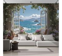 Papel Pintado Panorámico Mediterráneo Paisaje Fuera Ventana Vista Al Mar 352An×250Al cm Fotomurales No Tejido, Murales Decoración Póster Pared Personalizado XL 3D Para Salón Dormitorio, Azul