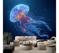 Papel pintado panorámico moderno dibujo animado para salón dormitorio comedor - Mural decorativo artístico océano animales medusa rayas papel pintado no tejido fotográfico 300An x 210Al cm