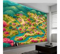 Papel Pintado Panorámico Moderno Dibujos Animados para Salón Dormitorio Comedor - Mural Decorativo Artístico Campo Mapa Montañas Árboles Verdes Papel Pintado No Tejido Fotográfico 300An x 210Al cm