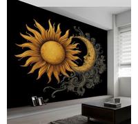 Papel Pintado Panorámico Moderno Estilo Celestial para Salón Dormitorio Comedor - Mural Decorativo Artístico Fantasía Sol Luna Rayas Papel Pintado No Tejido Fotográfico 400An x 280Al cm