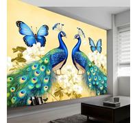 Papel pintado panorámico moderno Estilo de Pintura en Tinta China para salón dormitorio comedor - Mural decorativo artístico Mariposas Flores Pavo Real papel pintado fotográfico 300An x 210Al cm