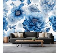 Papel pintado panorámico moderno francés para salón dormitorio comedor - Mural decorativo artístico plantas azul flores hojas papel pintado no tejido fotográfico 450An x 280Al cm