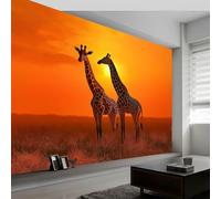 Papel pintado panorámico moderno paisaje natural para salón dormitorio comedor - Mural decorativo artístico atardecer animales jirafas papel pintado no tejido fotográfico 250An x 175Al cm