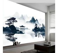 Papel pintado panorámico moderno Pintura Tinta Oriental para salón dormitorio comedor - Mural decorativo artístico Niebla Montañas Ríos Arquitectura papel pintado fotográfico 400An x 280Al cm