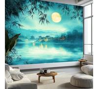 Papel Pintado Panorámico Moderno Tradicional para Salón Dormitorio Comedor - Mural Decorativo Artístico Río Pueblo Antiguo Luna Papel Pintado No Tejido Fotográfico 300An x 210Al cm