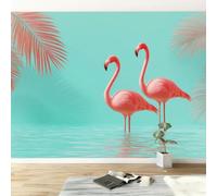 Papel pintado panorámico moderno tropical para salón dormitorio comedor - Mural decorativo artístico animal flamenco palmera papel pintado no tejido fotográfico 250An x 175Al cm