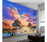 Papel Pintado Panorámico Montañas Montones de Piedras Olas Nubes, Foto Mural Moderna 350An x 256Al cm - Papel Pintado Decoración Hogar Paisaje Natural para Salón Habitación Habitación Infantil Oficina