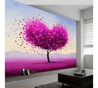 Papel Pintado Panorámico Morado En Forma de Corazón Árbol Flores, Papel Pintado Romanticismo para Dormitorio Salón Comedor - Decoración Mural Moderna Fondo Fotográfico Artístico 350An x 256Al cm