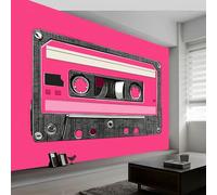 Papel Pintado Panorámico Música Rosa Y Negro Casete 350An x 256Al cm, Tapiz Mural Decoración Salón - Papel Pintado Diseño Moderno Vintage para Habitación Infantil Decoración Mural