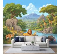Papel pintado panorámico no tejido, 250 x 175 cm, pintura realista, animales salvajes, león elefante rinoceronte jirafa, habitación infantil, papel pintado, para sala de estar, dormitorio, dormitorio