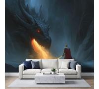 Papel pintado panorámico no tejido, 350 x 256 cm, ilustración, juego épico, dragón negro, escupir fuego, caballero asesino dragón, tema, juego de papel pintado, para sala de estar, dormitorio infantil