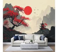 Papel pintado panorámico no tejido, 350 x 256 cm, pintura de tinta japonesa, sol rojo valle río papel pintado, para sala de estar, dormitorio infantil, decoración de pared