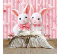 Papel pintado panorámico no tejido 3D - Linda pareja de conejos, corazones a rayas, color rosa mural para sala de estar, dormitorio infantil, oficina, sala XXL, decoración de pared, 350 x 256 cm