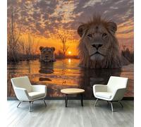 Papel pintado panorámico no tejido 3D - Paisaje Sabana africana - Animales salvajes leones mural para sala de estar, dormitorio de niños, oficina, sala XXL, decoración de pared, 350 x 256 cm, fácil de