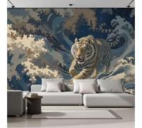 Papel Pintado Panorámico Olas Tigre - Mural Fotográfico Estilo Japonés Ukiyo-E 250x175cm, Papel Pintado Seda Decoración De Pared Sala Oficina Salón Dormitorio