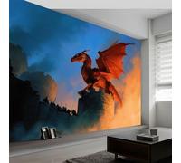 Papel pintado panorámico oriental dragón alas cuevas, papel pintado no tejido estilo fantasía para dormitorio salón comedor - Decoración mural moderna fondo fotográfico artístico 450An x 280Al cm