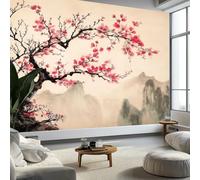 Papel pintado panorámico oriental tradicional con flores montañosas, 250 x 175 cm (ancho x alto), póster de pared, papel pintado fotográfico rosa pálido, efecto 3D, póster decorativo para dormitorio