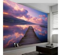 Papel pintado panorámico paisaje natural 400An x 280Al cm, tapiz mural decoración salón - Papel pintado diseño moderno lagos veta de madera morado cielo para habitación infantil decoración mural