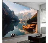 Papel pintado panorámico paisaje natural 450An x 280Al cm, tapiz mural decoración salón - Papel pintado diseño moderno montañas lago embarcadero barco para habitación infantil decoración mural