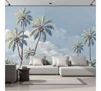 Papel Pintado Panorámico Paisaje Tropical Cocoteros Y Palmeras 350x256cm Fotomurales Seda, Murales Decoración Póster Pared Personalizado 3D Para Salón DormitorioAzul Claro