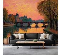 Papel Pintado Panorámico Paisaje Urbano Crepúsculo Arroyo, Mural No Tejido Premium 300 x 210 cm, Póster Naranja para Sala de Estar, Dormitorio, Dormitorio Infantil, Decoración de Pared