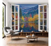 Papel Pintado Panorámico Paisajes Otoñales Realistas Papel Pintado Pared Vista Del Lago Como Un Espejo Fotomurales de Seda Papel Tapiz Fotográfico Decorativos Pared para Dormitorio Comedor, 350x250cm