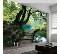 Papel pintado panorámico parque forestal puente de madera lago, Foto mural papel pintado escenario natural - Póster cuadros para salón dormitorio decoración interior del hogar 500An x 280Al cm