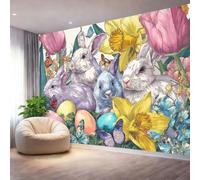 Papel pintado Panorámico Pascua Conejito Flores Foto mural papel pintado Póster Cuadros 200 x 140 cm para Salón Dormitorio Decoración Interior del Hogar, Vistoso
