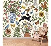 Papel pintado Panorámico Pastoral Vintage Conejo Mariposa Floral Jarrón 3D Mural Diseño, Tapiz Fotos Para Sala Dormitorio Infantil Decoración Pared Intejida, 300 x 210 cm