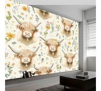 Papel pintado panorámico pintado flores silvestres vaca tierras altas, foto mural moderna 450An x 280Al cm - Papel pintado decoración hogar beige para salón habitación habitación infantil oficina