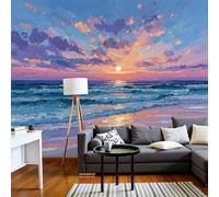Papel Pintado Panorámico Pintura Al Óleo Amanecer 366An×256Al cm Fotomurales No Tejido, Resumen Playa Nivel Mar Mural Foto XXL Decoración Póster Pared 3D Para Salón Fotográfico Dormitorio Pared Sala