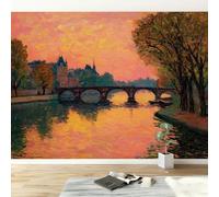 Papel pintado panorámico Pintura Al Óleo Ciudad Paisaje Lago, Foto mural papel pintado Abstracto - Póster cuadros 250An x 175Al cm para salón dormitorio decoración interior del hogar