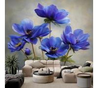 Papel pintado panorámico pintura al óleo plantas azul floral, papel pintado estilo francés para dormitorio salón comedor - Decoración mural moderna fondo fotográfico artístico 300An x 210Al cm