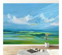 Papel pintado panorámico Pintura Óleo Montañas Prados Verdes, Foto mural papel pintado Paisaje Natural - Póster cuadros 450An x 315Al cm para salón dormitorio decoración interior del hogar