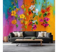 Papel Pintado Panorámico Pintura Óleo Plantas Abstractas Flores, Mural No Tejido Premium 400 x 280 cm, Póster Amarillo para Sala de Estar, Dormitorio, Dormitorio Infantil, Decoración de Pared