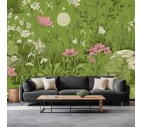 Papel pintado panorámico plantas mariposas flores, papel pintado no tejido casa de campo para dormitorio salón comedor - Decoración mural moderna fondo fotográfico artístico 450An x 280Al cm