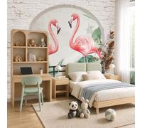 Papel Pintado Panorámico Plantas tropicales frescas en acuarela,Fotomural Paisaje Animales,flamencos,hojas de palma,Papel Pintado Tejido No Tejido,Decoración de Pared para Salón Dormitorio,184x127cm