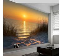 Papel pintado panorámico playa atardecer océano hierba, Foto mural papel pintado paisaje natural - Póster cuadros para salón dormitorio decoración interior del hogar 500An x 280Al cm