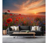 Papel pintado Panorámico Puesta Del Sol Campo De Amapolas 400 x 280 cm Fresco De Mural, Paisaje Natural No Tejido De Pared Moderna - Para Sala De Dormitorio De Los Niños Restaurante Papel Pintado No