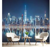 Papel Pintado Panorámico Rascacielos Vista Nocturna,250x175cm Horizonte Urbano Fotomural Mural de Pared para Salón y Habitación Decoración de Pared