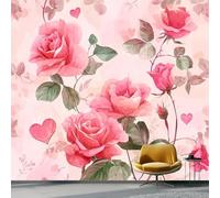 Papel Pintado Panorámico Retro Romántico Flores para Sala de Estar, 400 x 280 cm Papel Pintado Fotográfico No Tejido para Decoración Del Hogar Habitación Infantil, Rosa
