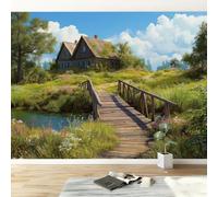 Papel pintado panorámico rústico 400 x 280 cm, Nature Bosque Puente de madera Prado mural mural de papel pintado - Mural póster de pared para sala de estar, dormitorio, sala de juegos, decoración