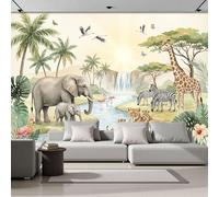 Papel Pintado Panorámico Sabana Africana Elefantes Jirafas 400x280cm, Murales De Pared Decoración En Seda Animales En Acuarela 3D Para Sala De Estar Hotel Oficina Hogar Decoración De Paredes