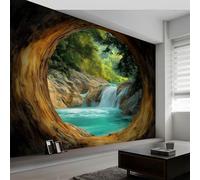 Papel pintado panorámico selva tropical cueva rocosa cascada, papel pintado paisaje natural para dormitorio salón comedor - Decoración mural moderna fondo fotográfico artístico 350An x 256Al cm