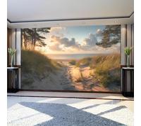 Papel Pintado Panorámico Senderos de playa 400 x 280 cm Hierba Verde Fotomural Decorativo para Dormitorio, Sala de Estar o Habitación Infantil