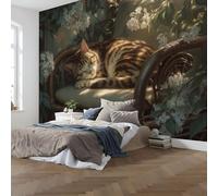 Papel Pintado Panorámico Silla De Ratán Con Forma De Gato Durmiendo, Papel Pintado Pared Panorámico Estilo De Arte Curativo De Seda, Decoración De La Pared Murales Para Salón Dormitorio 300x210cm