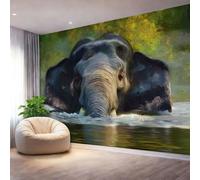 Papel Pintado Panorámico Tejido No Tejido 200 x 140 cm, Papel Tapiz Fotográfico Animal Elefante Pintura Al Óleo para Decoración de Dormitorio Sala de Estar - Verde Oliva Habitación Infantil Mural